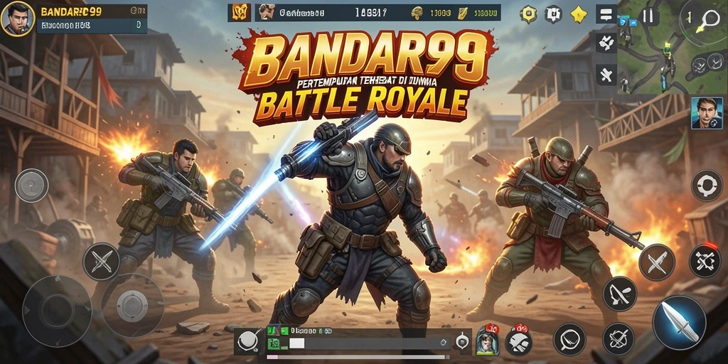 Screenshot utama BANDAR99 menampilkan aksi mendebarkan dalam pertempuran Battle Royale.