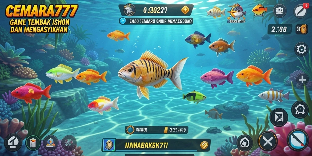 Menampilkan gameplay seru CEMARA777 dengan ikan berwarna-warni.