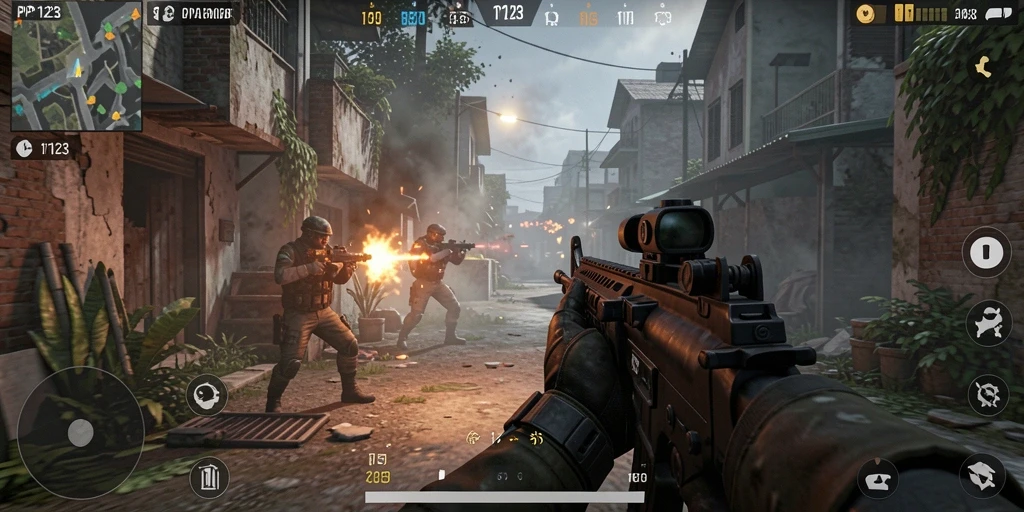 Screenshot utama PP123 menampilkan aksi mendebarkan dalam game FPS.