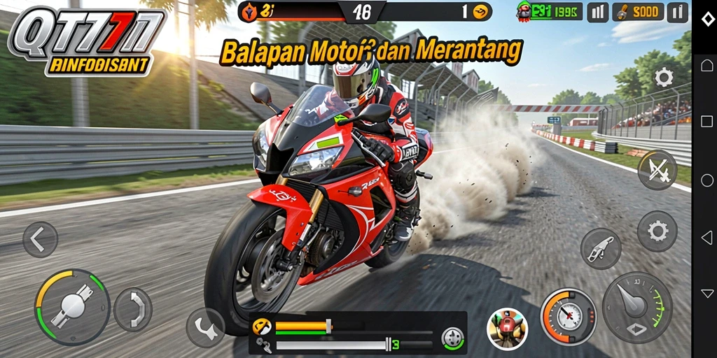 Screenshot gameplay QT777 menampilkan balapan motor intens dan menegangkan.