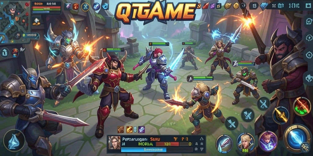 Screenshot gameplay QTGAME menampilkan aksi seru di arena MOBA.