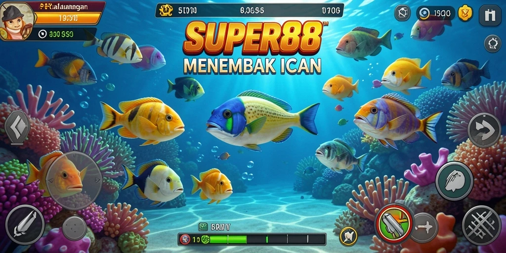 Screenshot gameplay <strong>SUPER88</strong> menampilkan aksi menembak ikan yang menarik dan penuh warna.