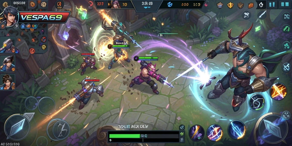 Gameplay seru VESPA69 dengan pertarungan strategis di arena.